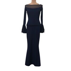 Chiara Boni Navy Blue Long-Sleeve Maxi Dress